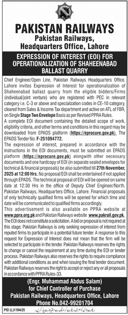 Pakistan Railways Lahore Tender Notice